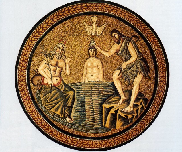Baptistery Mosaic, 5th century, Ravenna, Italy. It depicts the baptism of Jesus by John in the River Jordan. The Spirit of God descends on Jesus in the form of a dove. An old man with white hair is looking: the classical personification of the river.