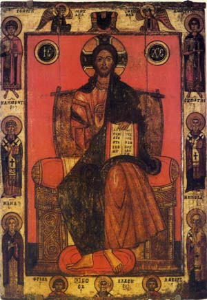 Redentor en el tron, amb sants. Escola de Novgorod. S. XIII-XV. Gal. Tretjakov. Moscou.