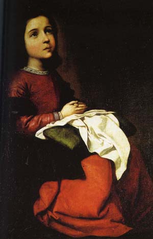 La Mare de Du, jove, en oraci. Francisco de Zurbaran (1598 - 1664). Pinacoteca del Ermitage (Leningrado).