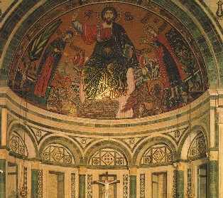 Mosaic of Christ blessing, between the Virgen Mary and the saints, in the upper part of the abse of the Church of San Miniato.